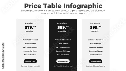 Vector comparison pricing table list for comparing price and product plan chart