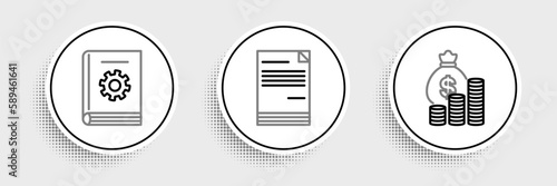 Set line Money bag and coin, User manual and Document icon. Vector