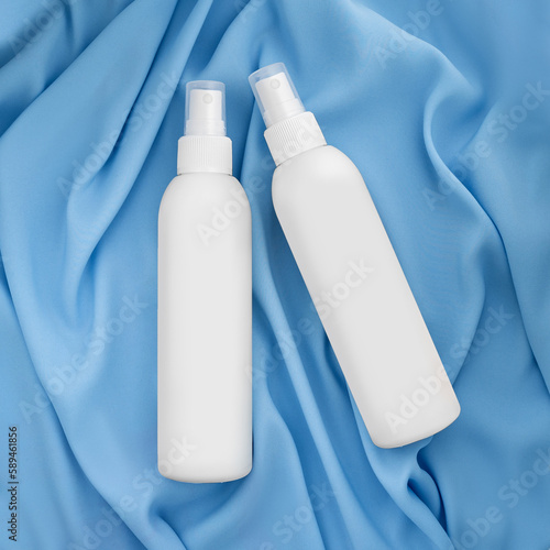 Natural beauty cosmetic product for skincare concept.Pure cosmetic in white dispensers on a blue pink background. Eco friendly product.