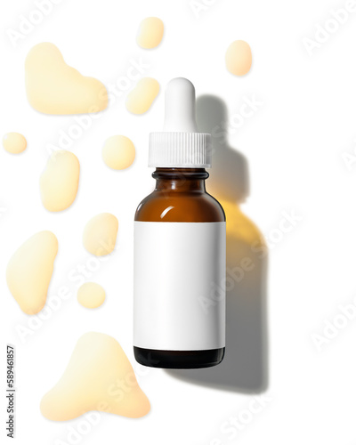 Natural beauty cosmetic product for skincare concept. Pure cosmetic in a brown dispenser on a white background. Serum drops.