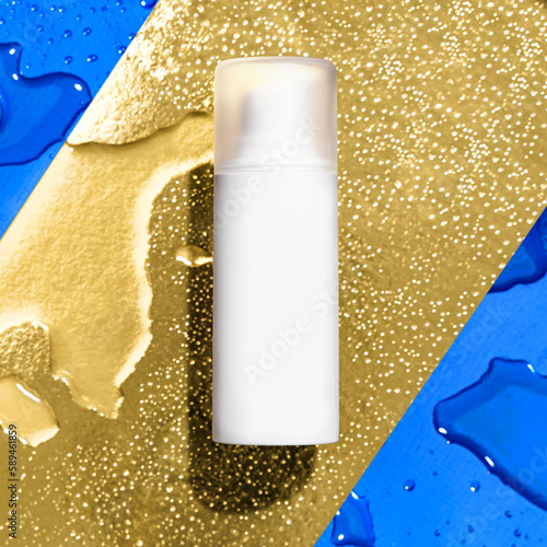 Natural beauty cosmetic product for skincare concept.Pure cosmetic in a white dispenser on a blue and yellow background.