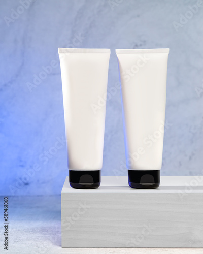 Hand cream product for skincare concept. Pure cosmetic packages on a marble background.