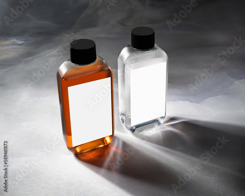 Natural beauty cosmetic product for skincare concept.Pure cosmetic in a brown and white dispensers on a grey marble background. Eco friendly product.
