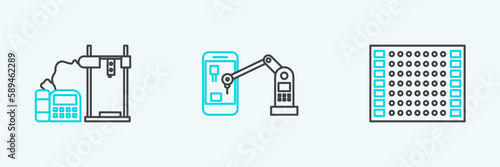 Set line Printed circuit board PCB, 3D printer and Industrial machine robotic robot arm hand icon. Vector
