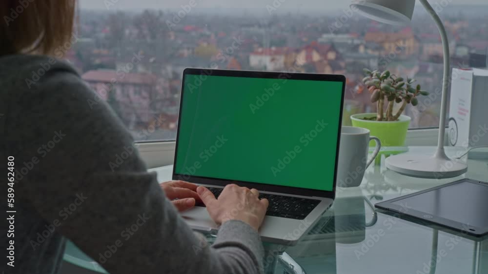 woman using laptop with green screen workspace in office with view of cityscape businesswoman working online woman using laptop with green screen workspace in office with view of cityscape businesswoman working online