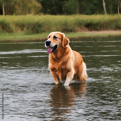 portrait of happy golden retriever playing running in the water