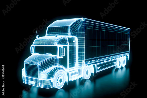 Neon outlined truck. Lorry blueprint in 3d perspective. Ai generative illustration with holographic cargo truck vehicle on dark background