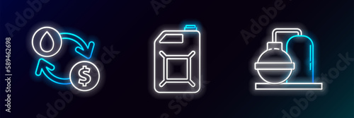 Set line Oil and gas industrial factory building, exchange, water transfer, convert and Canister for gasoline icon. Glowing neon. Vector