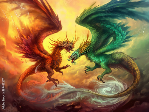 Phoenix and Dragon Epic Battle, Sky Clash, Digital Illustration, Generative AI