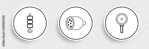 Set line Frying pan, Grilled shish kebab on skewer stick and Salami sausage icon. Vector