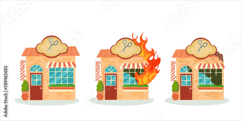 A destroyed building after a fire or an earthquake. Ruined city buildings after the war. Damaged city with old broken dilapidated housing. Vector illustration isolated on white background.