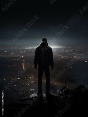 A darkened figure standing on a hilltop looking out at a city skyline with a number of flashing lights looming in the distance.. AI generation.
