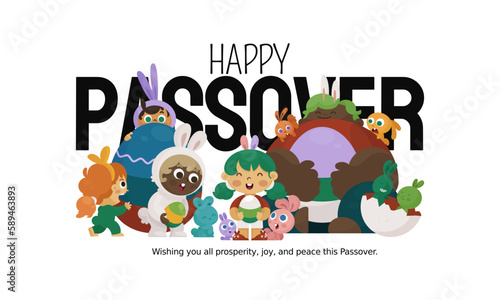 Happy Passover with people wearing rabbit costumes and bringing Easter eggs