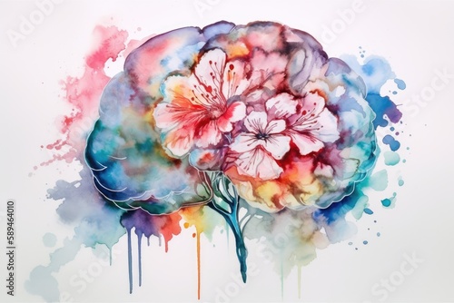 Fototapeta Naklejka Na Ścianę i Meble -  watercolor , flowers as human brain , new ideas and creative thinking  Generative AI