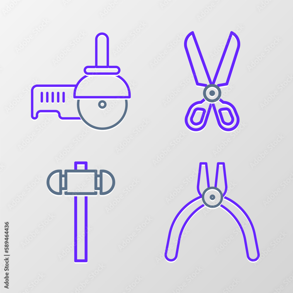 Set line Pliers tool, Sledgehammer, Scissors and Angle grinder icon. Vector Set line Pliers tool, Sledgehammer, Scissors and Angle grinder icon. Vector