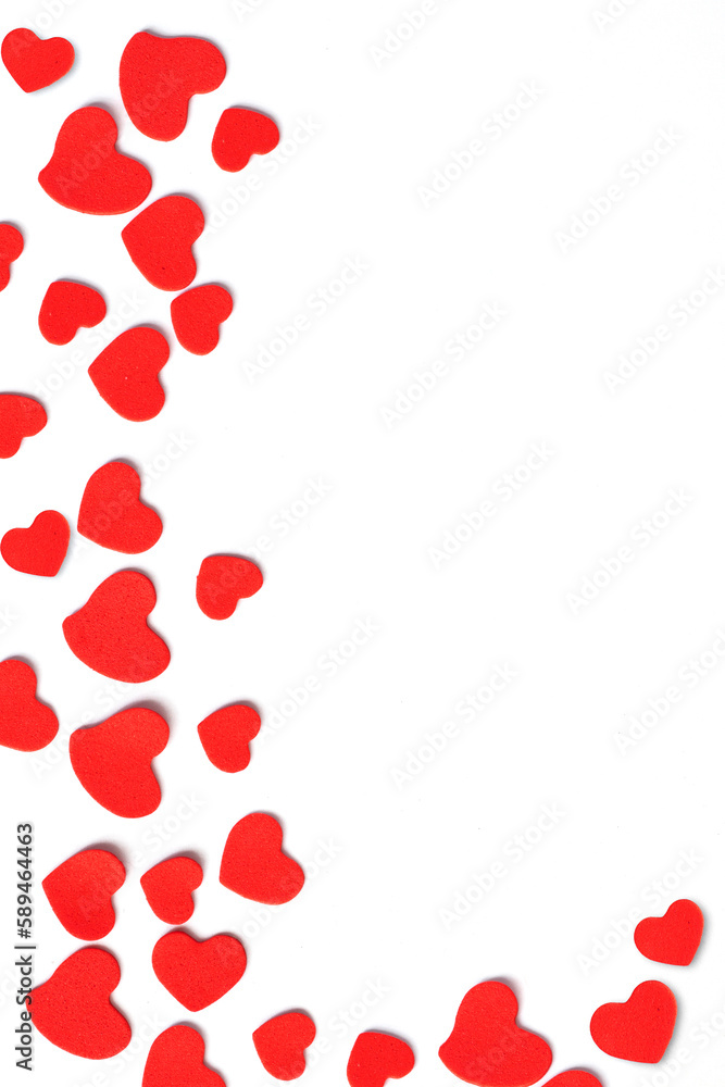 Valentine day background with red hearts, top view