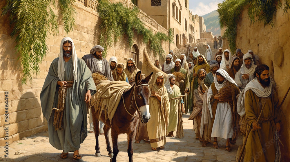Naklejka premium Jesus christ riding a donkey into jerusalem.Ai generativ.