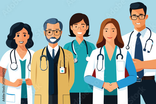 Group of Doctors Standing Together A Professional 2D Illustration on a White Background, A Striking 2D Illustration of Doctors on a White Background