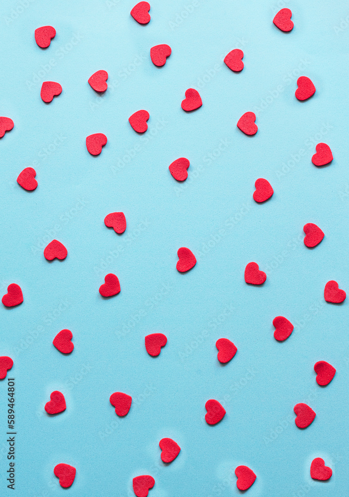 Red heart on the blue background Valentines day pattern background flat lay, top view Red heart on the blue background Valentines day pattern background flat lay, top view
