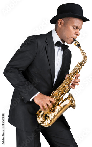 Photography Close-up man playing on saxophone on white background