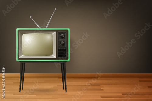 Vector 3d Realistic Retro TV Receiver on Wooden Floor. Home Interior Design Concept. Vintage TV Set, Television, Front View
