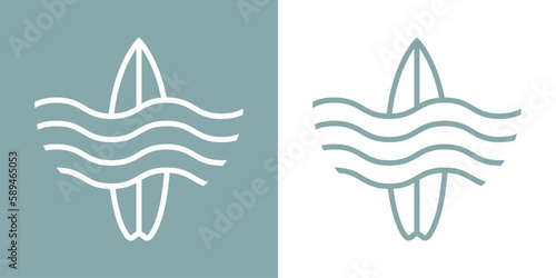 Logo club de surf. Tabla de surf lineal con olas de mar