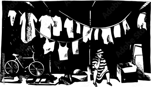 Woman Sitting Next To Drying Clothes. Black Inked Art. City Scenery Or Landscape
