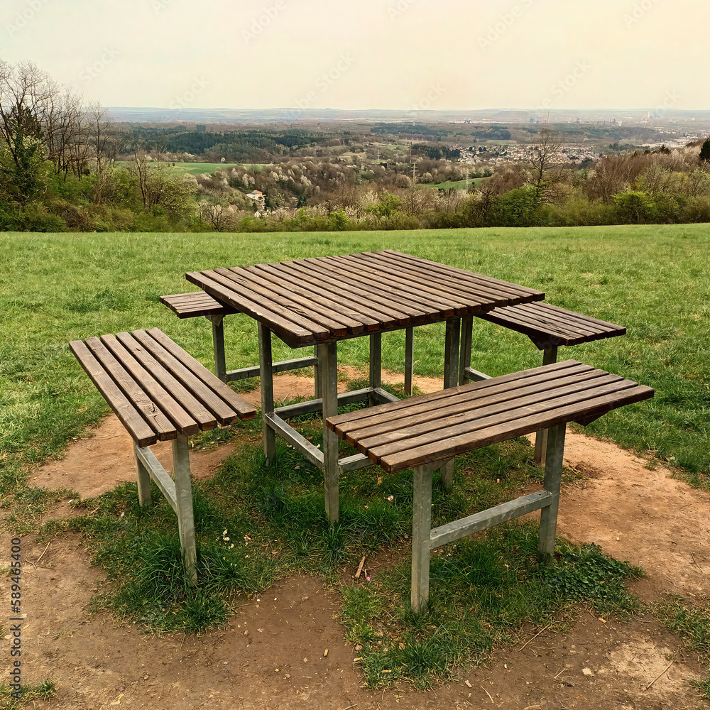 Rastplatz mit Bänken und Tisch an Aussichtspunkt bei Beckingen auf dem Premium-Wanderweg Traumschleife der Bietzerberger im Landkreis-Merzig-Wadern, Saarland. 