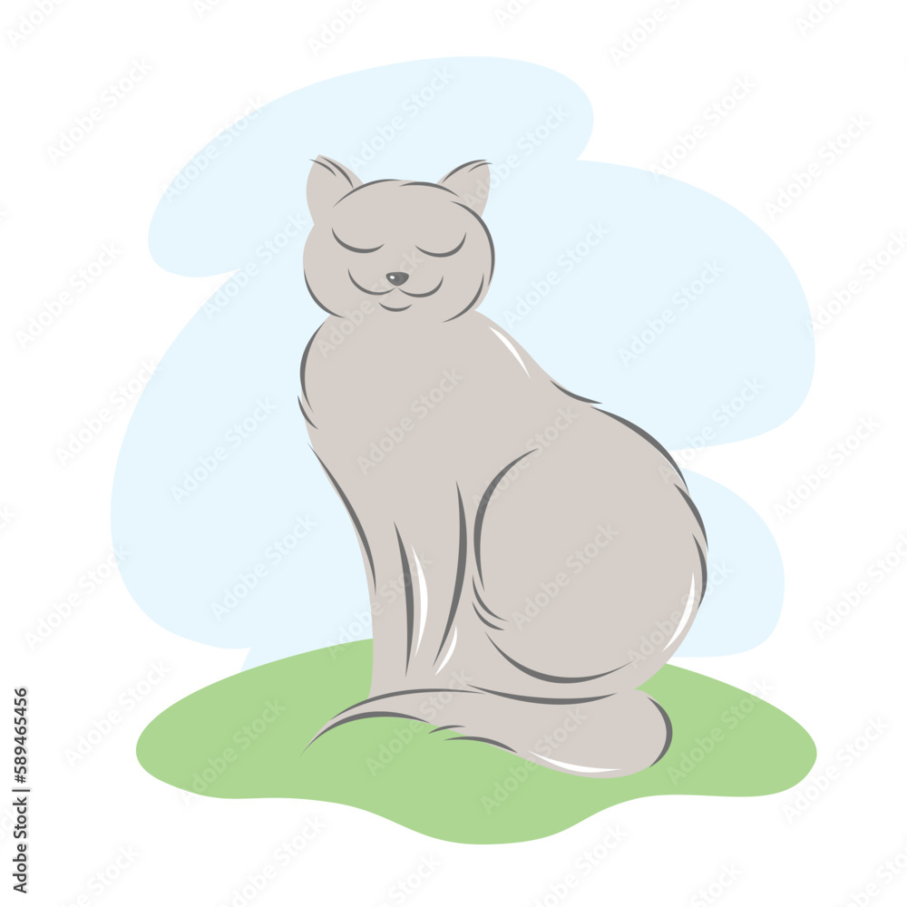 Fototapeta premium Cute cat, domestic animal. Funny kitten with friendly smile. Colorful vector illustration for kids in cartoon style