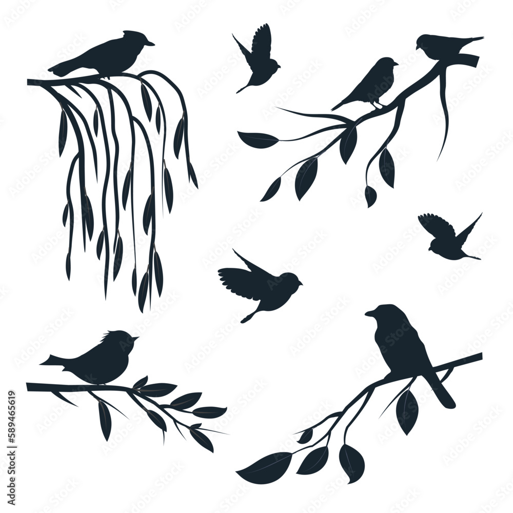 Obraz premium Birds on branches set. Vector illustration