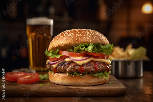 AI generated image of burger and beer in bar
