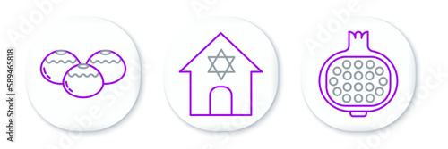 Set line Pomegranate, Jewish sweet bakery and synagogue icon. Vector