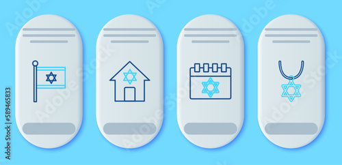 Set line Jewish synagogue, calendar, Flag of Israel and Star David necklace on chain icon. Vector