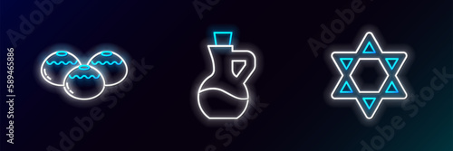 Set line Star of David, Jewish sweet bakery and Bottle olive oil icon. Glowing neon. Vector