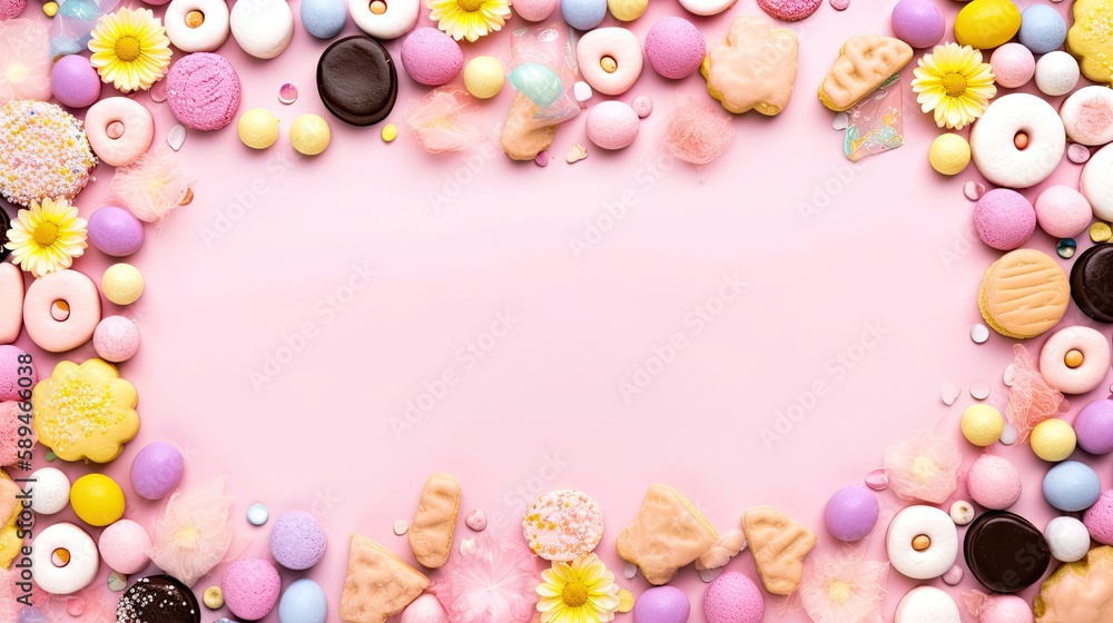 Happy Easter cookies on pastel pink background made in flower shape, copy space and top view