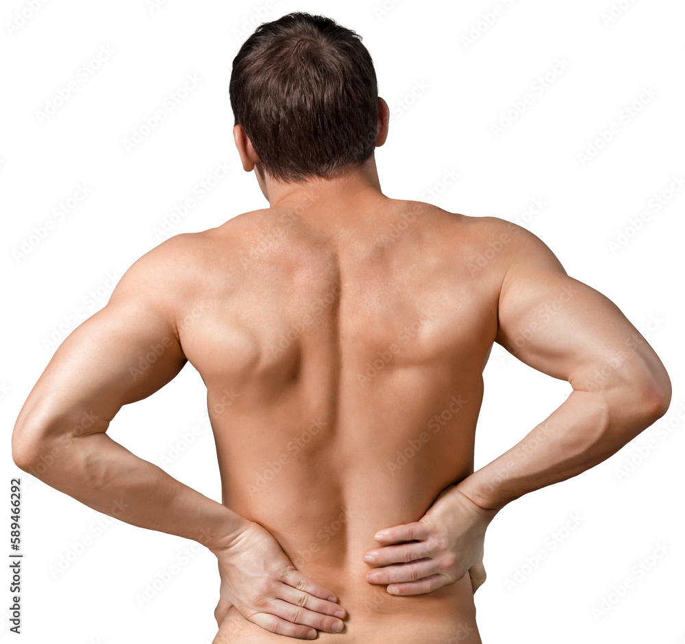 Back view of shirtless man touching his aching back Back view of shirtless man touching his aching back