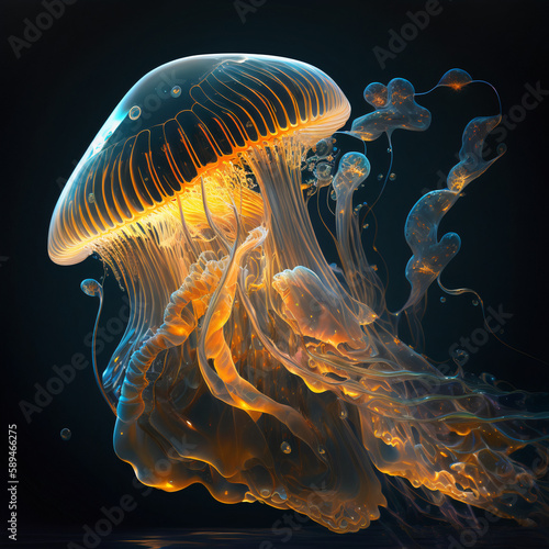 neon jelly fish in the sea on the dark background with Generative AI technology	