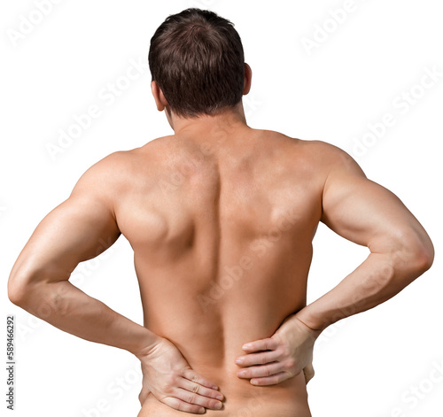 Back view of shirtless man touching his aching back