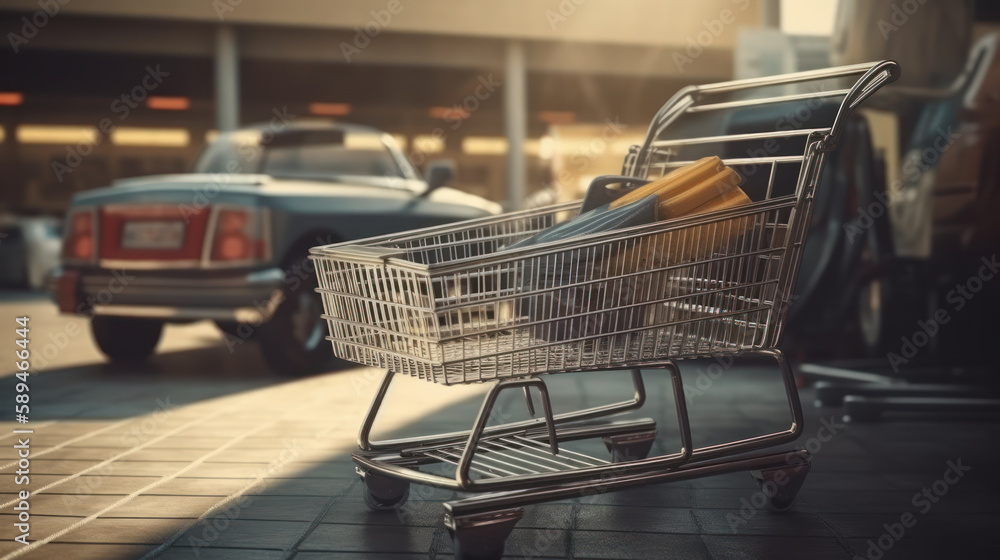 Close-up of a family car with a shopping cart with bags and supplies; background is a hazy parking lot in a mall with copy space area. Generative AI Close-up of a family car with a shopping cart with bags and supplies; background is a hazy parking lot in a mall with copy space area. Generative AI