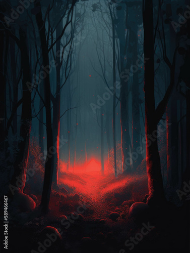 dark forest lit up with eerie red and een lights giving the woods a mysterious atmosphere. Gothic art. AI generation.