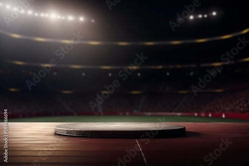 Podium for sports photography with empty background and stadium view. Generative AI © Elmi