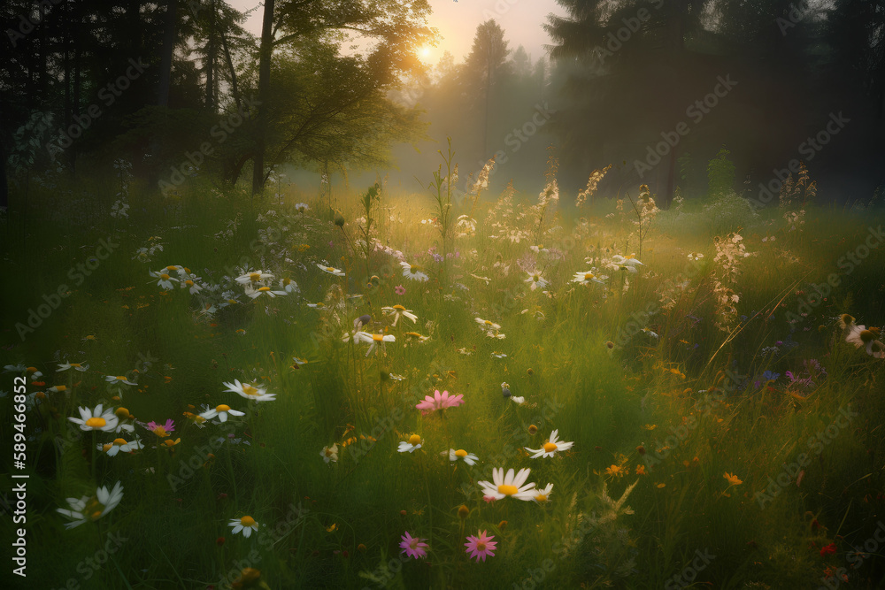 Colourful meadow flowers in the soft light of the forest, Generative AI