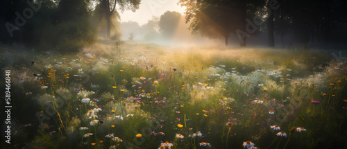 Colourful meadow flowers in the soft light of the forest, Generative AI © spreephoto