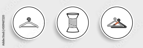 Set line Hanger wardrobe, and Sewing thread on spool icon. Vector