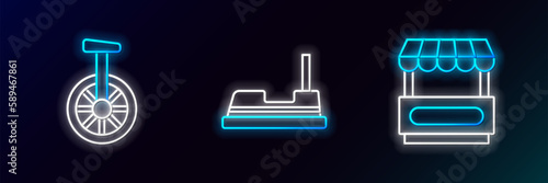 Set line Fast street food cart, Unicycle or one wheel bicycle and Bumper icon. Glowing neon. Vector