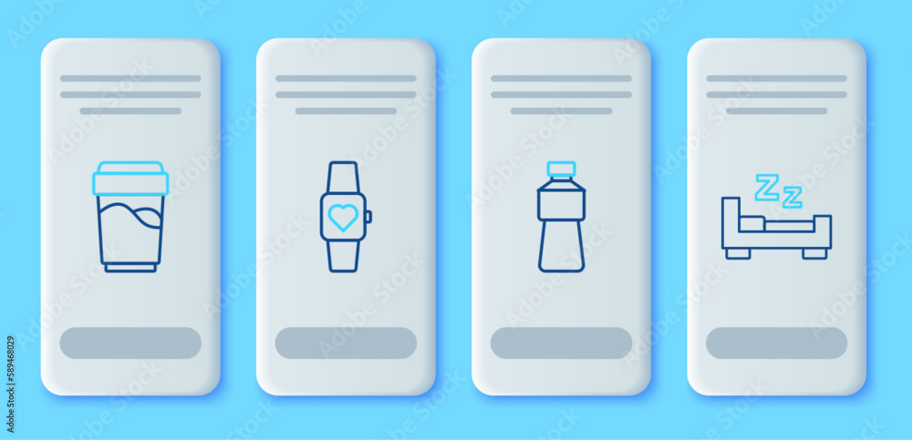 Set line Smart watch, Bottle of water, Glass with and Time to sleep icon. Vector