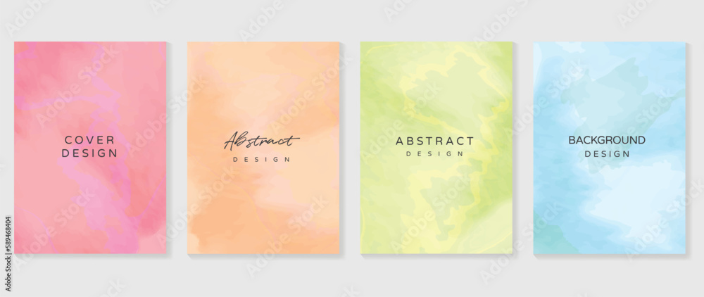 Watercolor art background cover template set. Wallpaper design with paint brush, pink, blue,green, orange color, brush stroke. Abstract illustration for prints, wall art and invitation card, banner.