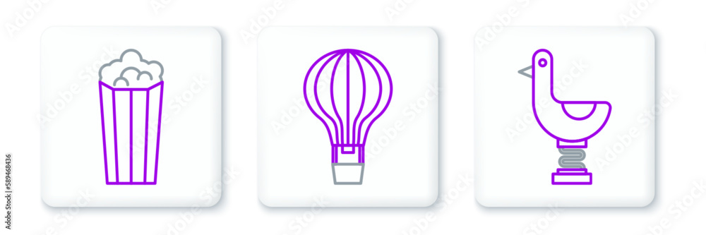 Set line Riding kid duck, Popcorn cardboard box and Hot air balloon icon. Vector Set line Riding kid duck, Popcorn cardboard box and Hot air balloon icon. Vector