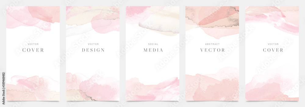 Watercolor art background cover template set. Wallpaper design with paint brush, pink, orange color, brush stroke, pastel. Abstract illustration for prints, wall art and invitation card, banner.