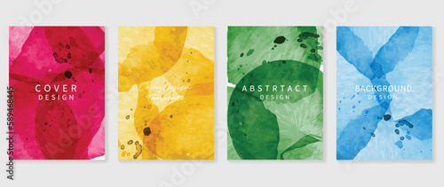 Watercolor art background cover template set. Wallpaper design with paint brush, pink, blue,green, yellow color, brush stroke. Abstract illustration for prints, wall art and invitation card, banner.